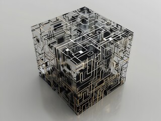 Poster - Futuristic Tech Cube A complex 3D rendered architectural pattern with intricate geometric shapes lines and metallic wireframe structures creating a visually striking and innovative digital design