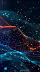Fototapete - Captivating digital showcasing a visually striking composition of interconnected tech elements waves and fluid motions in a vibrant neon infused color palette  The design evokes a sense of futuristic