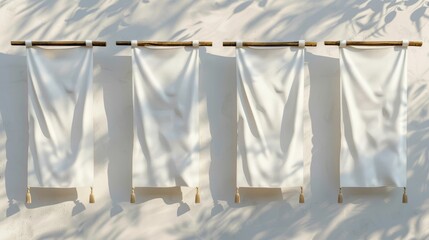Poster - Streamers set with horizontal, vertical and square textile advertising banners. Modern realistic mockups of canvas posters hanging from ropes.