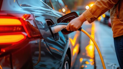 electric plug-in of ev charger hybrid car at charging station point for electric vehicle.