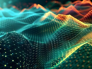 Poster - Immerse yourself in the captivating world of abstract digital art with this stunning 3D showcasing a mesh of intricate tech patterns connectivity and dynamic shapes