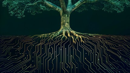 Poster - Technological Tree with Circuit Root Patterns Futuristic Digital Nature Depicting the Growth and Connection of Technology Data and Innovation