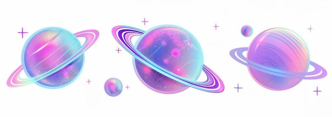 Poster - Holographic stars and planets set in y2k, futuristic style on white background. Render 3d cyber chrome galaxy emoji with falling stars, planets, bling, sparks.