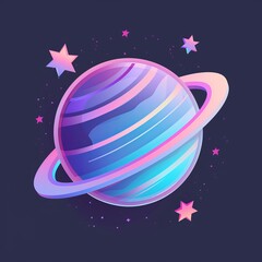 Poster - Render of 3D y2k holographic galaxy planet with rainbow gradient effect on dark background. A holographic galaxy planet with stars in y2k style surrounded by stars.