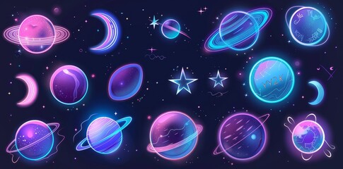 Poster - In Y2K style, holographic stars and planets on dark background. Render 3d galaxy emoji with falling star, planet, bling, spark, moon, and hearts.