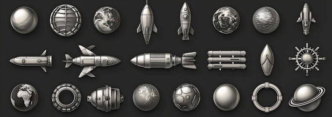 Poster - Y2K abstract silver space icons. Galaxy and cosmic technology. Cyber stars. Atom symbol. Comets in the universe. Glossy spaceship. Modern vintage metal shapes set.