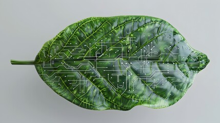 Poster - Tech Leaf A 3D rendered image of a leaf with intricate circuit patterns symbolizing the of technology and nature representing green innovation and sustainable energy solutions