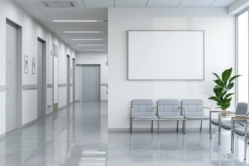 A mockup of an empty white poster on the wall in modern hospital waiting room with comfortable chairs and medical equipment. empty white blank poster on white wall in hospital, white board