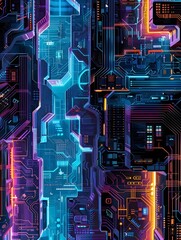 Poster - Vibrant Digital Mosaic of Futuristic Tech Patterns in Neon Colors   An abstract featuring a complex seamless mosaic of dynamic glowing electronic and technological elements in a vibrant