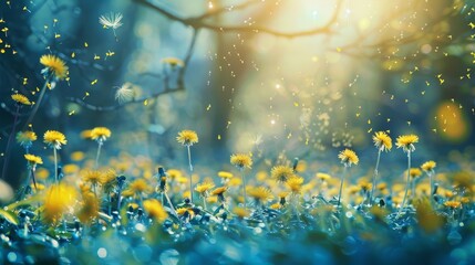 Blurry bokeh with spring flowers and dandelions. Generation AI.