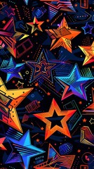 Poster - Visually striking showcasing a dynamic and captivating display of tech infused cosmic star patterns  The artwork features a mesmerizing array of neon like bursts swirling colorful elements