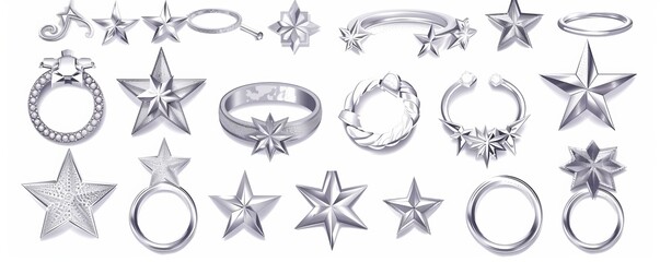 Poster - 3D modern illustration of 3d chrome stars with falling and flying stars, blings, and sparks in a y2k futuristic style on dark background. Render 3d cyber chrome galaxy emoji with falling and flying