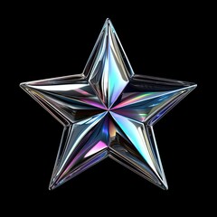 Poster - Holographic 3D star with reflective gloss in a chrome metallic retro futuristic design element, isolated on a white background