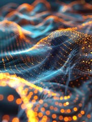 Fototapete - Glowing Digital Threads Luminous Interconnectivity of Cybernetic Data Waves  A 3D rendered abstract showcasing a dynamic network of pulsing iridescent digital threads and particles