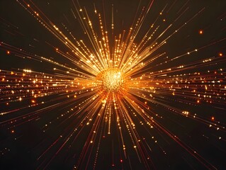 Poster - Radiant Digital Sunburst Explosion of Luminous Rays and Sparkling Light   A stunning 3D rendered abstract image of a vibrant futuristic sunburst made up of glowing digital elements