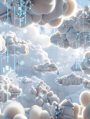 Poster - Ethereal Tech Cloud Patterns  A captivating 3D rendered scene featuring dreamlike  futuristic digital designs floating and swirling in a vibrant  atmospheric environment