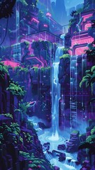 Poster - Digitally Rendered of a Vibrant Techno Waterfall Landscape with Futuristic Neon Patterns Cascading Streams and Glowing Architectural Illumination in a Fantastical Sci Fi Setting