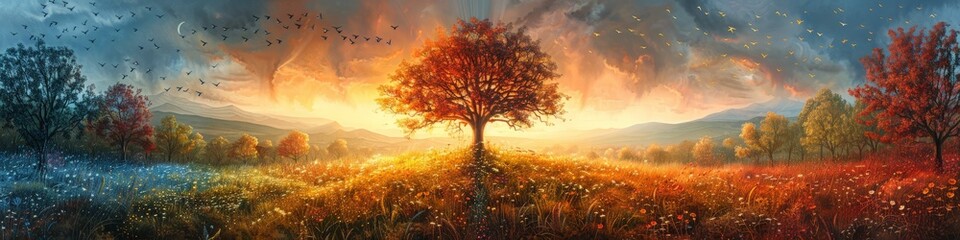 Wall Mural - Artwork shows a tree in a field at sunset with a captivating vibe