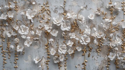 Poster - A plastered concrete wall is adorned with volumetric flowers and patterns in Japanese style.