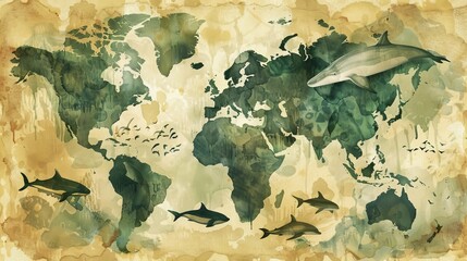 World map illustration in watercolor. World animals nursery wall art Hand drawn, hand painted artwork Educational kids room posters Science, geography, oceans, africa, and europe education poster.