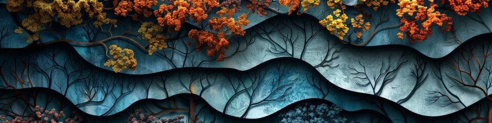 Wall Mural - A painting of a forest with trees and leaves on blue background