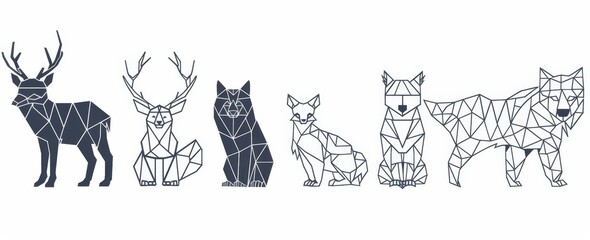 Poster - The geometric low poly animals set is a modern illustration in black thin line with triangle simple shapes. The animals include the bear, fox, hedgehog, squirrel, rabbit, and wolf.