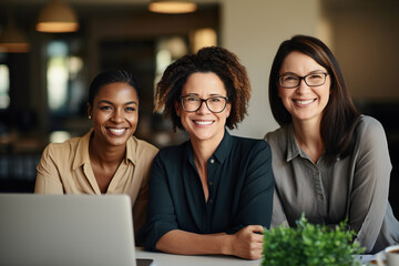 Wall Mural - three middle-aged working women sitting in front of a laptop at a desk