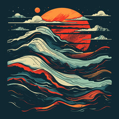Wall Mural - A painting of a wave with a red sun in the background. The mood of the painting is serene and peaceful