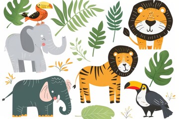 Wall Mural - Isolated wild animals on a flat design background. Modern illustration.