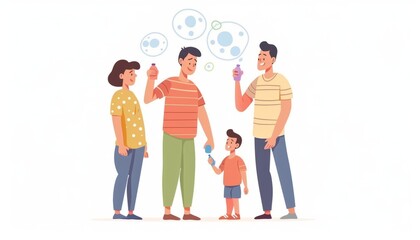 Wall Mural - Family Fun: Son Blows Bubbles with Mom and Dad in the Fresh Air