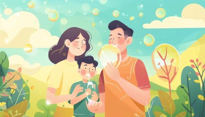 Family Bonding: Son Blowing Bubbles with Mom and Dad on Holiday Getaway