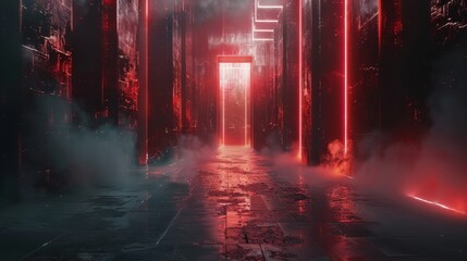 Poster - Dark with a few hints of red and mysterious but pleasing abstract visuals for hard techno music. Generative AI.