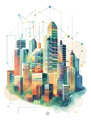 Poster - futuristic interconnected skyline of smart architectural structures in a vibrant digital landscape