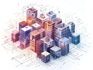 Poster - interconnected digital cityscape futuristic of linked architectural structures