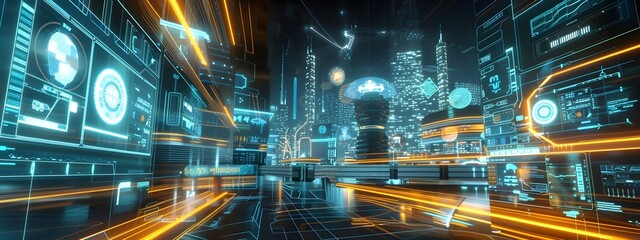 Poster - Holographic City A Futuristic Metropolis with Cutting Edge Digital Interfaces and Innovative