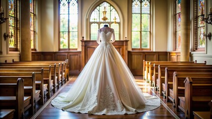 Wall Mural - Elegant classical wedding dress on display in a church ceremony celebration , wedding, marriage, bridal, gown, vintage, traditional, white, lace, elegant, ceremony, church, celebration