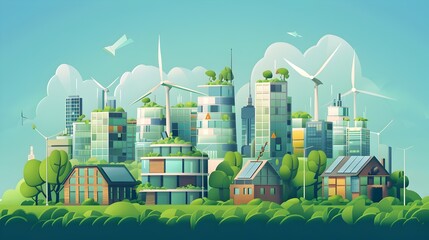 Poster - eco friendly smart city with futuristic sustainable architecture and clean energy technologies