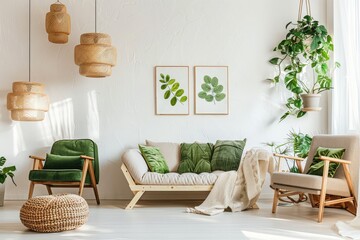 Wall Mural - Real photo of a bright living room interior with a comfy armchair, sofa, wicker lamps and botanical graphics on the wall.