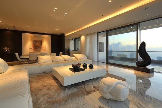Minimalist Living Room with Abstract Sculpture, Living room featuring a single abstract sculpture as a focal point