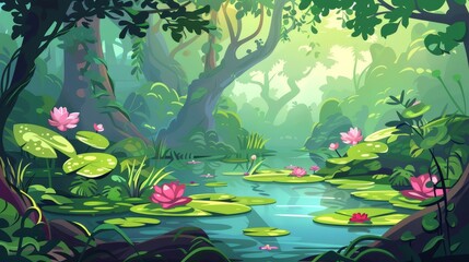 Wall Mural - Cartoon modern jungle wetlands landscape with green grass and bushes, tree trunks on shore of pond with pink lotus flowers. Summer forest landscape with water lilies on lake surface.