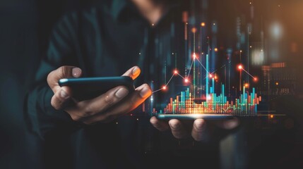 Poster - Concept of investment and finance, businessman holding a phone with a virtual trading graph. Profits and growth of business. Virtual hologram stock investments shown by a businessman.