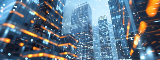 Poster - intelligent building facades with smart tech lighting up the futuristic city skyline at night