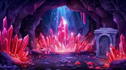Wall Mural - Illustration of cavern inside mountain or underground dungeon with magic portal and ruby crystals. Modern illustration of fantasy teleport in stone arch, red mineral stones on walls, game background.
