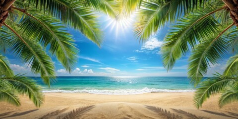 Wall Mural - Sandy tropical beach background with palm leaves frame , tropical, beach, sand, palm leaves, paradise, sunny, relaxation