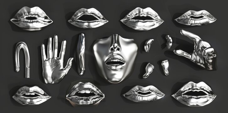 The Y2K design chrome 3D element set includes a flower, lightning, wing, butterfly, lips, spiral, snake, and other abstract shapes.