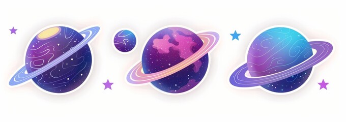 Poster - 3D holographic stars and planets of the future, futuristic style, on white background. Render 3D cyber chrome galaxy emojis with falling stars, planets, bling, and sparks. 3D modern illustration from