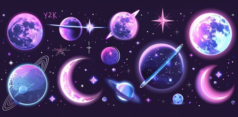 Poster - This 3D holographic galaxy emoji is rendered in a Y2K style on a dark background. It displays falling stars, planets, bling, sparkles, moons and hearts.