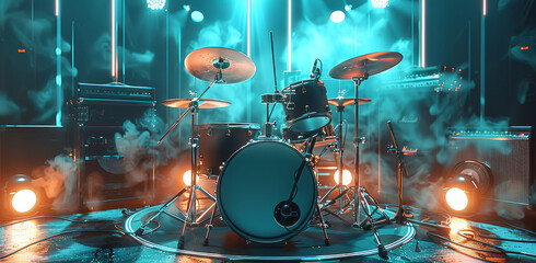 Poster - Rhythmic musical instrument, drum set on stage, put Turquoise light, make it trendy atmosphere. Generative AI.