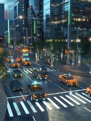 Poster - futuristic tech driven urban landscape with illuminated cityscape and busy traffic at night