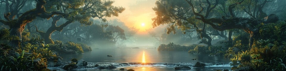 Wall Mural - The sun shines through the trees reflecting on the lake in the peaceful woods